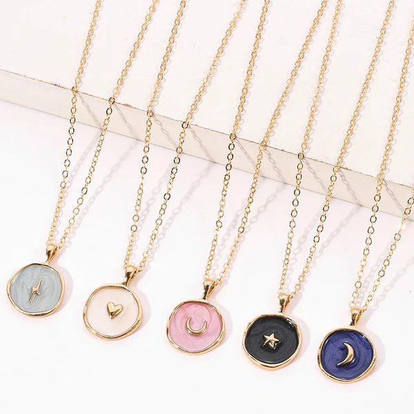 Colorful Women Moon Star Enamel  Pendant Necklaces Girls Minimalist Heart Lightning Clavicle Chain Party Daily Jewelry