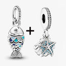 2Pcs/Lot Crystal Blue Scaled Fish Bead With Pendant Fit DIY Brand Charm Bracelet  For Women's Summer Jewelry To Making Gift