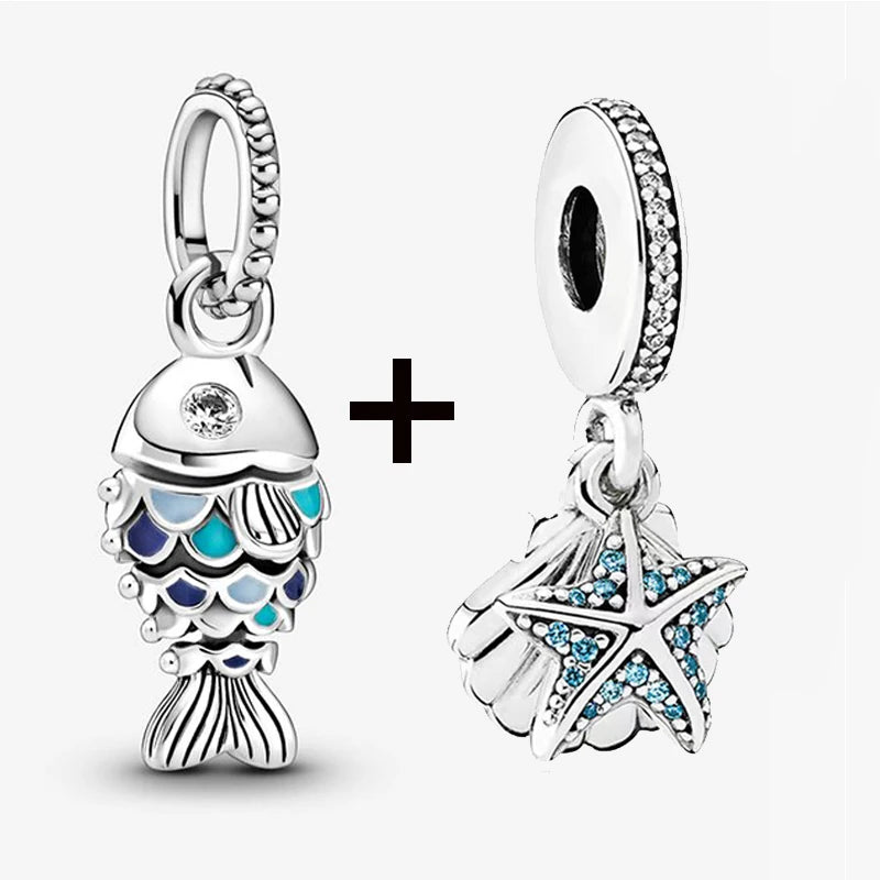 2Pcs/Lot Crystal Blue Scaled Fish Bead With Pendant Fit DIY Brand Charm Bracelet  For Women's Summer Jewelry To Making Gift