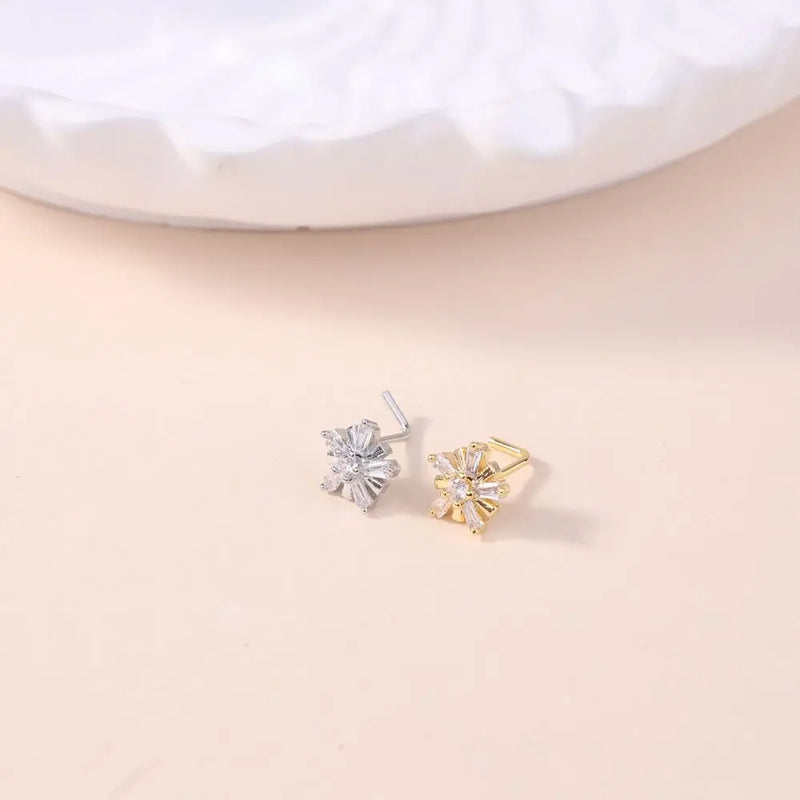 20G L Shaped Nose Studs CZ Cute Snowflake Shape Design Gold Silver Color Nose Piercing for Women Girl Nostril Jewelry