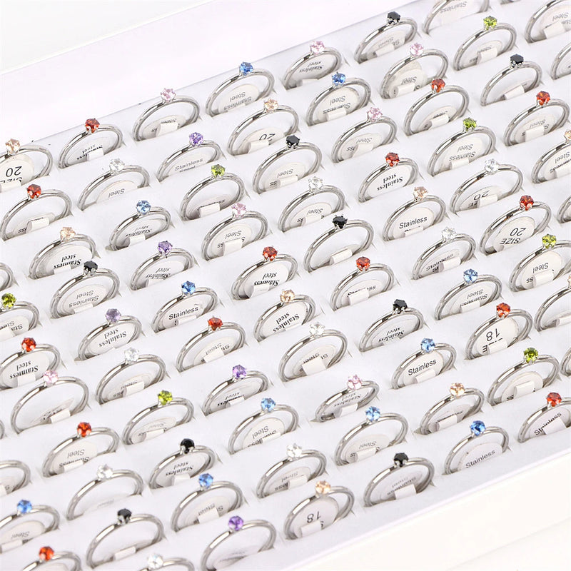 10Pcs/Lot Fashion Classic Rhinestone Stainless Steel Rings For Women Simple Shiny Colorful Finger Jewelry Wedding Party Gifts