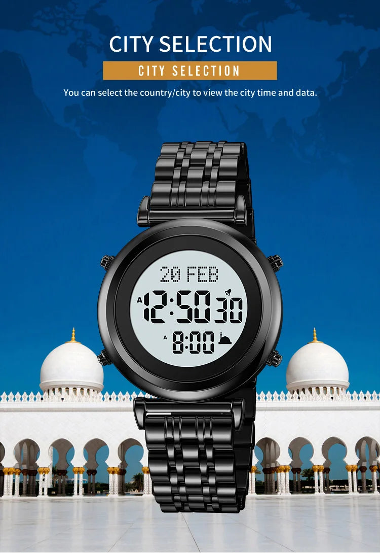 SKMEI 2139 Steel Muslim Azan Digital Watch Mens Back Light Waterproof  Wristwatch Prayer Qibla Compass Alarm Clock watch 1861