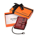 Mini Pop-Up Card Holder Genuine Leather Women Wallets RFID Blocking Protect Aluminum Cards Case Light Slim Purse with Chain