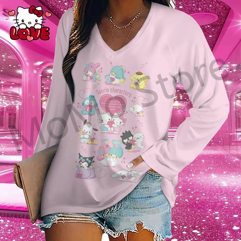 Hello Kitty Women's Long Sleeve T-shirts V Neck Kawaii Clothes 2024 3D Print New Lovely S-3XL Y2k Fashion High Quality Leisure