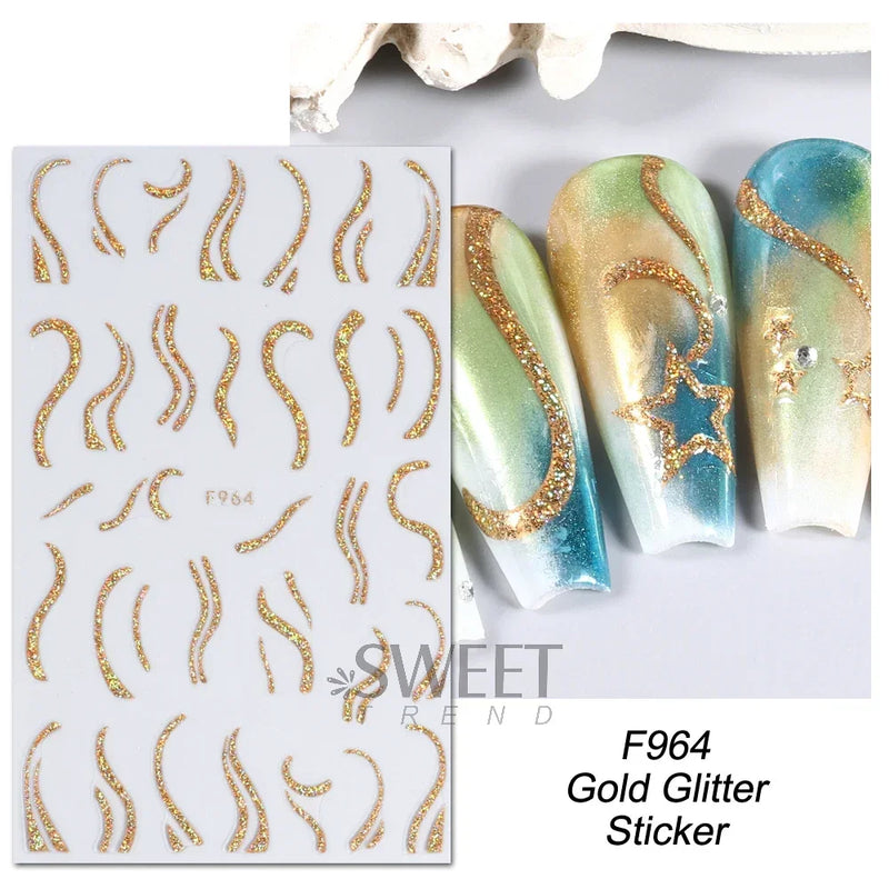 3D Snake Laser Stickers for Manicure Black Gold Abstract Leaves Luxury Nail Art Adhesive Slider Polish Decor Decals SASW-SJ