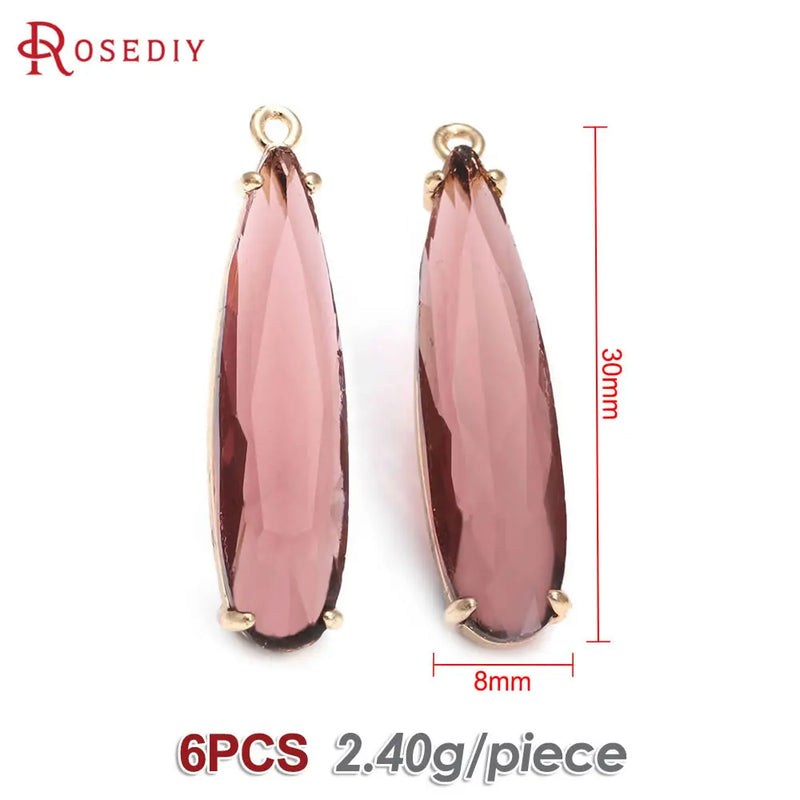 6PCS 8x30MM High Quality Champagne Gold Color Brass and Glass Long Drop Shape Charms Pendants Jewelry Making Diy Accessories