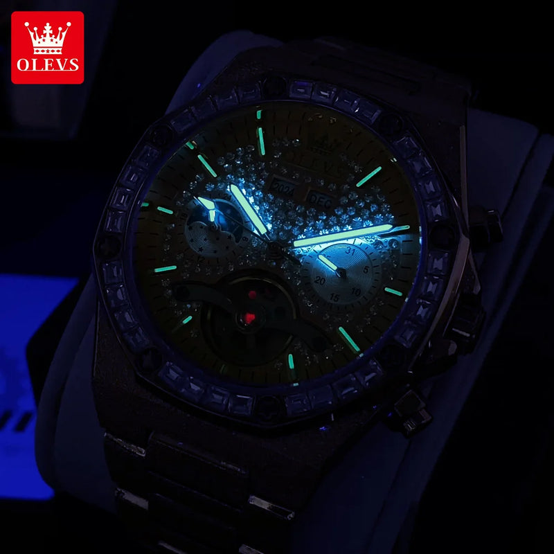 OLEVS 9805 High end Men Watches  Waterproof Moon Phase Diamond Dial Fashion Luxury Mechanical Watch Skeleton Original Wristwatch