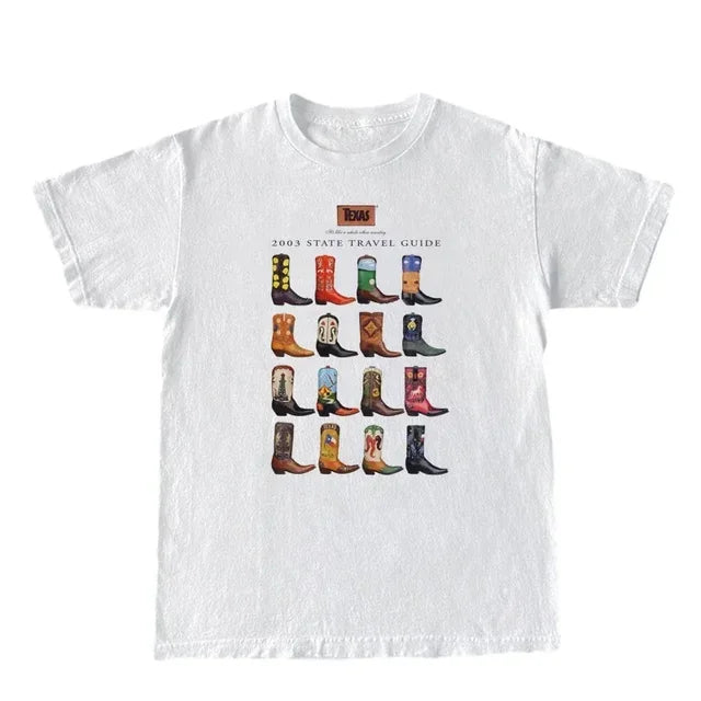 Western Country Women T-Shirts Cowboy Boots Printed Retro Graphic Tees Cute Aesthetic Vintage Cowgirl Tops Fashion Travel Shirt