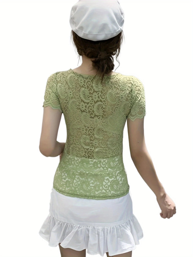 Lace square collar short-sleeved top for women summer