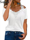 Summer Sexy Lace Short Sleeve Off Shoulder V-Neck Women T-Shirts Ladies Floral Print Street Tops Female Casual Loose T-Shirt