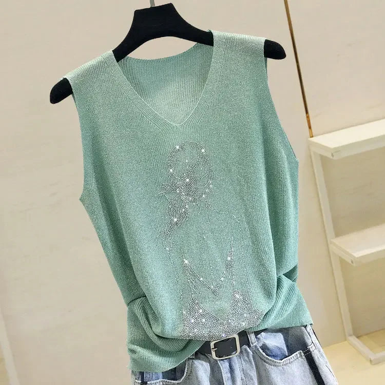 Hot Rhinestone Bright Silk Sleeveless Vest Women's Spring/Summer New Style V-neck Loose All-match Sling Knitted  Top T-shirt