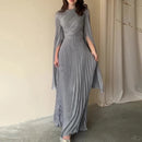 Vestido de fiesta elegante de otoño 2024 para mujer, de manga larga y cuello redondo, color liso, plisado, de cintura alta, ajustado, para noche