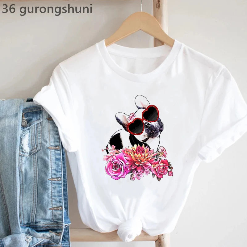 Frenchies In Love Animal Print T-Shirt Women'S Clothing French Bulldog Tshirt Femme Harajuku Kawaii Clothes Dog Lover T Shirt