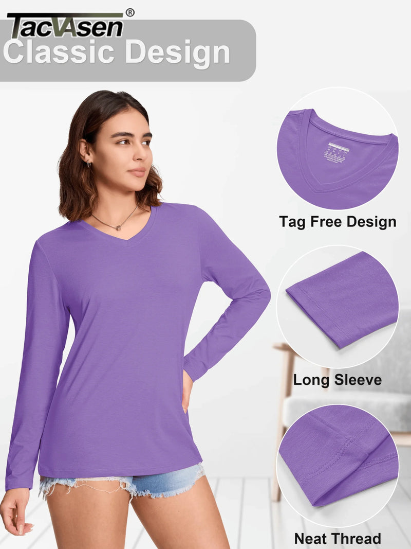 TACVASEN Cotton UPF50+ Sun Protection T-Shirts Womens Fashion V-Neck Long Sleeve Casual Tops Breathable Soft Outdoor Tee Shirts