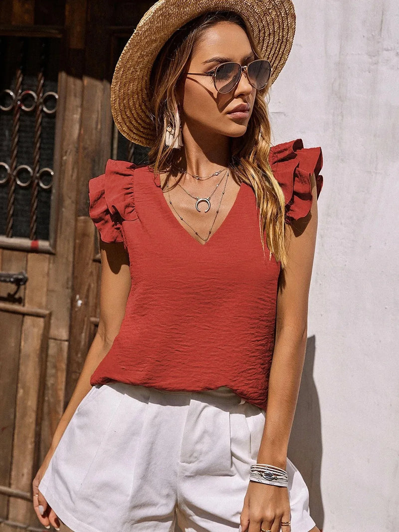 Spring/Summer European and American Women's Casual V-neck Ruffle Edge Tank Top Summer Sleeveless Shirt Women's