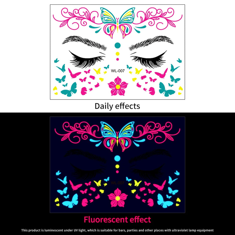 1Pc UV Neon Butterfly Flower Face Tattoo Stickers 14*15cm Waterproof Fluorescent Body Sticker for Club Party Makeup Face Sticker