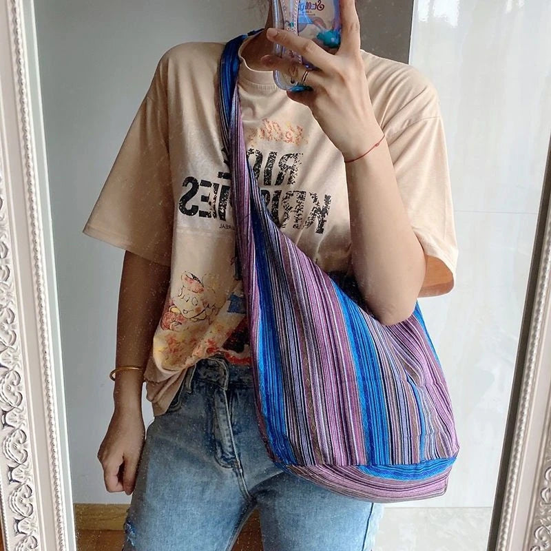 Vintage Bohemian Chic Canvas Shoulder Bag Ethnic Style Large Capacity Handbag Soft Tote Bag Casual Crossbody Bag Female Daily