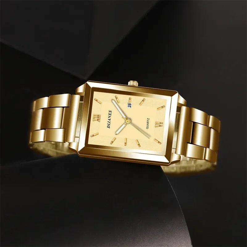 Fashion Men's Calendar Sport Casual Leather Wristwatch Luxury Business Golden Stainless Steel Quartz Watch for Man