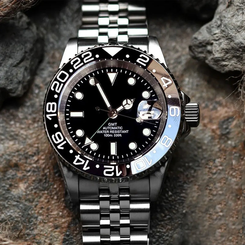 Gold Tow Tone NH34A GMT Movement Diving Watch for Men Automatic Watches Mechanical Swim Jubilee Bracelet 200m Waterproof Date