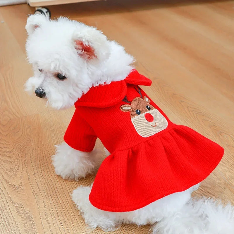 Pet Christmas Dress Sweater Clothes Autumn and Winter Warm Christmas Japanese New Year Christmas Elk Couple Dress Skirt Hoodie
