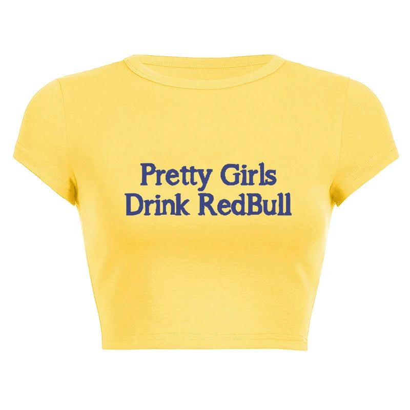 European and American girls drinking Red Bull trendy letter print Y2K pure desire spicy girl ultra short top women's T-shirt