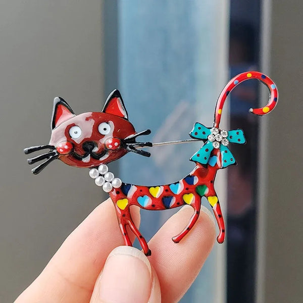 Fashion Lovely Pearl Bow Cat Brooch Pin For Women Colorful Enamel Cartoon Kitten Animal Brooch Pin Set Clothing Accessories Gift