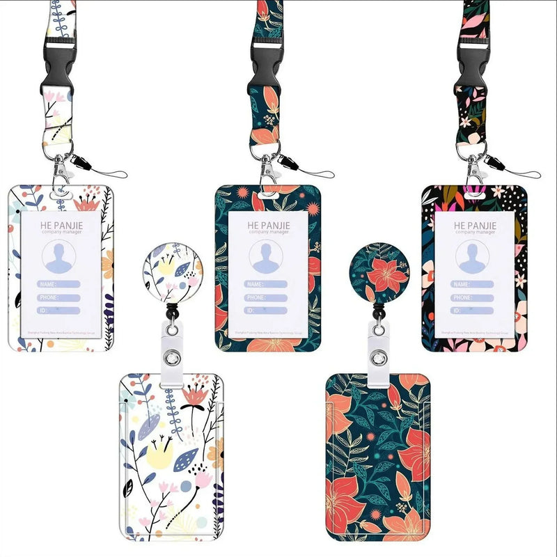 Staff Working Cards Holder with Retractable Long Lanyard and Badge Reel Flower ID Credit Cards Holder Cover for Woman Phone Rope