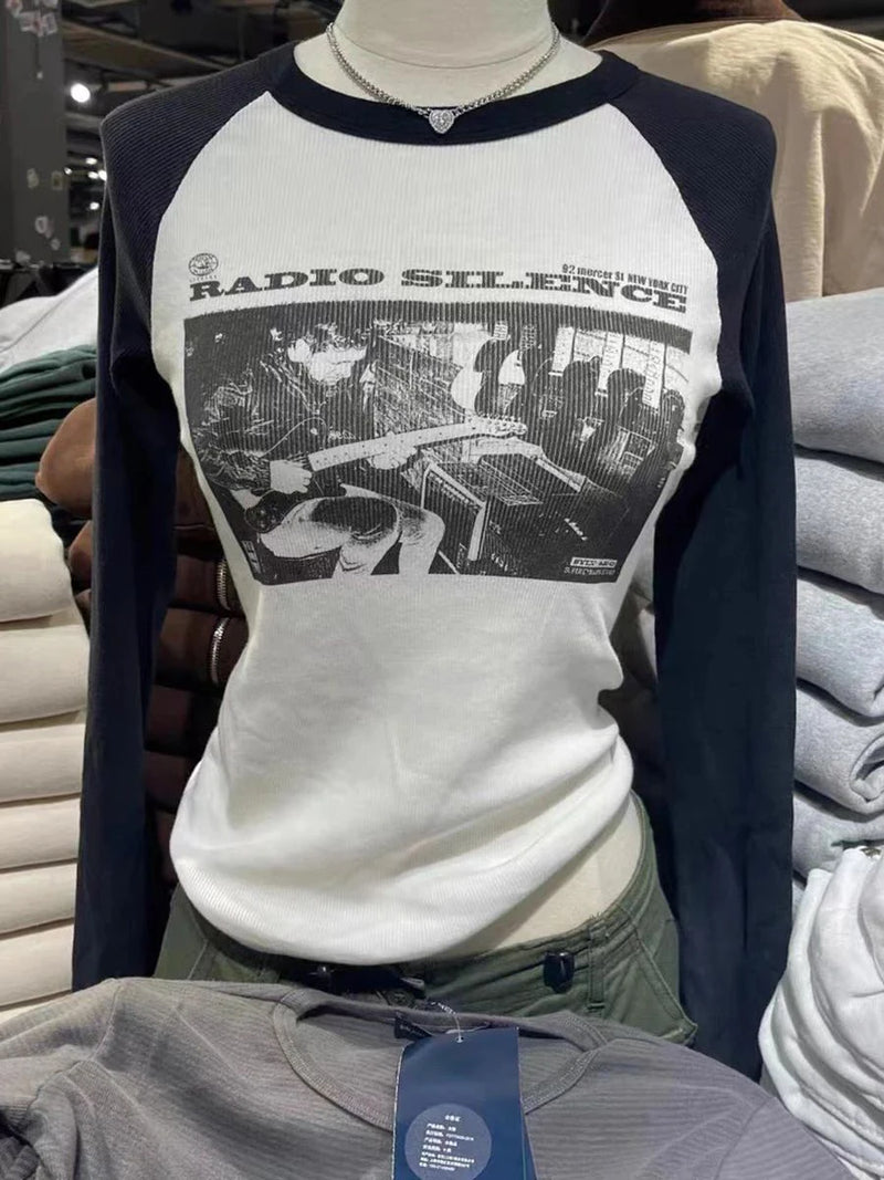 American Vintage 14 Print Long Sleeve Slim T-Shirt Woman Summer O-Neck Casual Tshirt Top Sweet Cute Streetwear Y2k Tees Tops