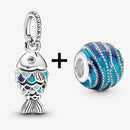 2Pcs/Lot Crystal Blue Scaled Fish Bead With Pendant Fit DIY Brand Charm Bracelet  For Women's Summer Jewelry To Making Gift