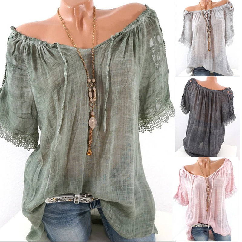 Sexy V Neck Lace Patchwork Loose T-shirts Summer Female See Through Sand Beachwear Tee Shirt Tops ARJ-05