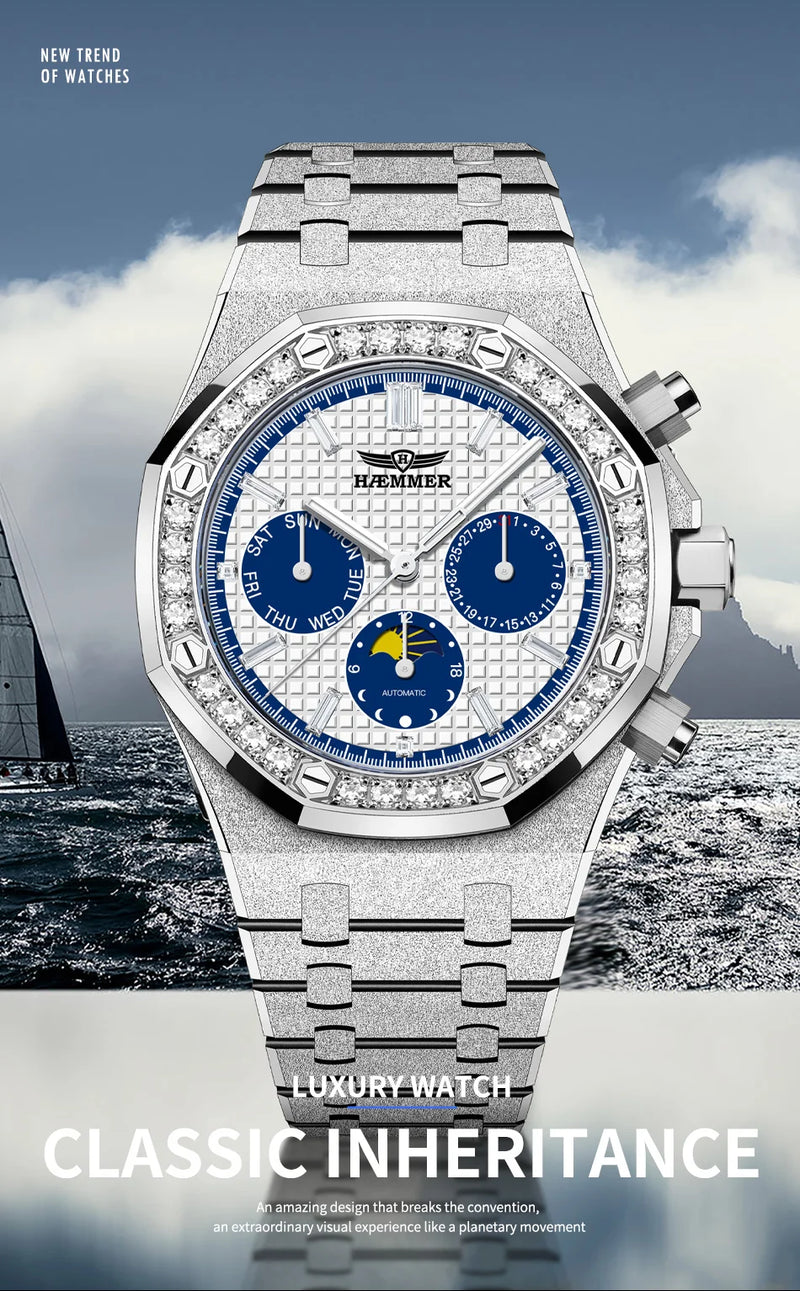 HAEMMER high-end design multifunctional men's watch stainless steel silver diamond face fashionable men's watch waterproof 30ATM