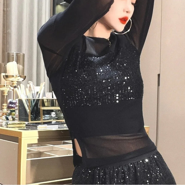 Spring Autumn Fashion Solid Round Neck Long Sleeve T-Shirts Women's Clothing Patchwork Sequin Bottoming Shirt Breathable Tops