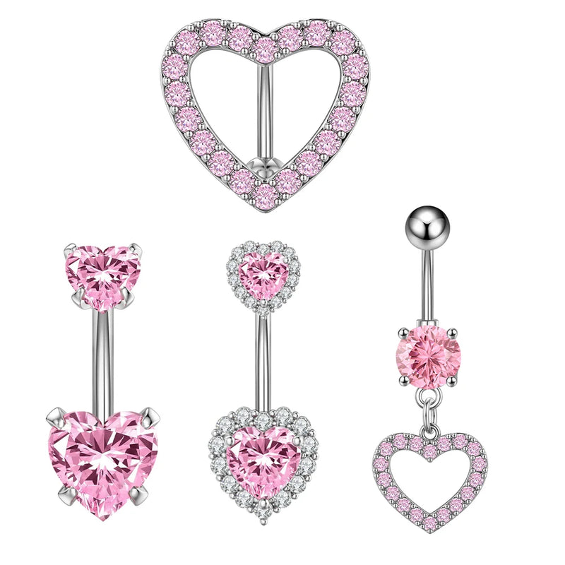 14G Stainless Steel Heart Dangled Belly Button Rings Belly Piercing Nombril for Women Girls Pink Zircon Crystal Sexy Navel Ring