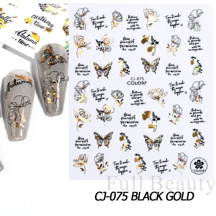 Shiny Maple Geometry Autumn Nail Art Stickers Laser Sector Fall Leaves Decals Cute Squirrel Slider Manicure Decorations CHCJ-076