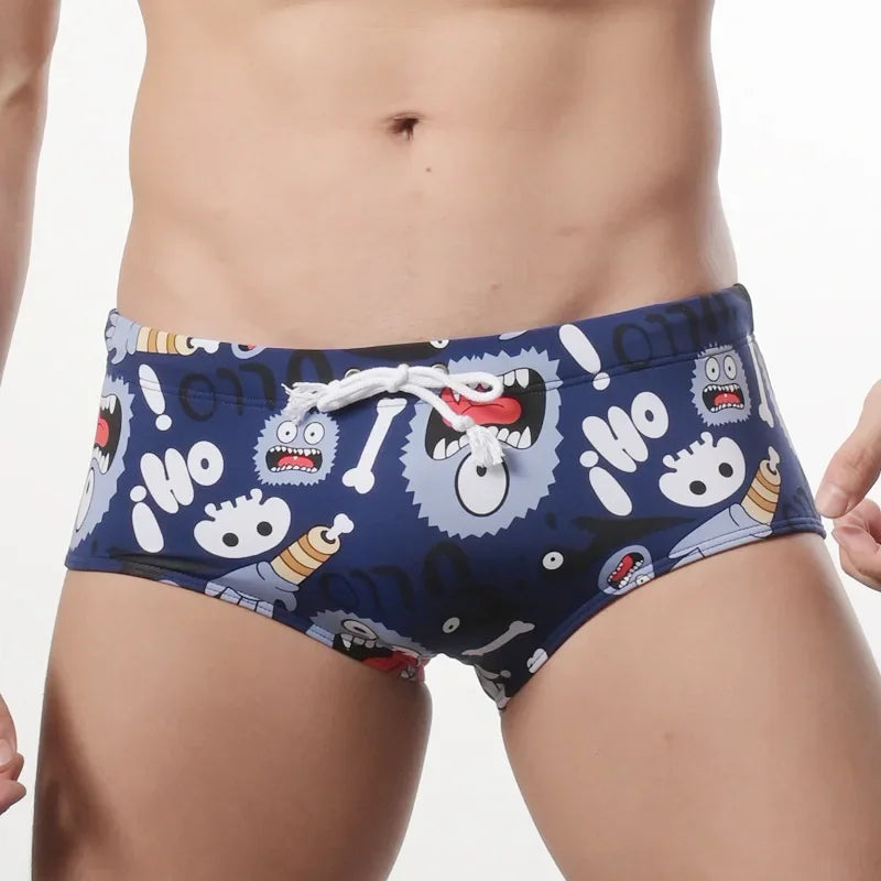 Men's Fashionable Swim Trunk Cartoon Printed Cup Stand Up Tie Up Hot Spring Beach Board Shorts Elastic Sprotswear Swimming Pants