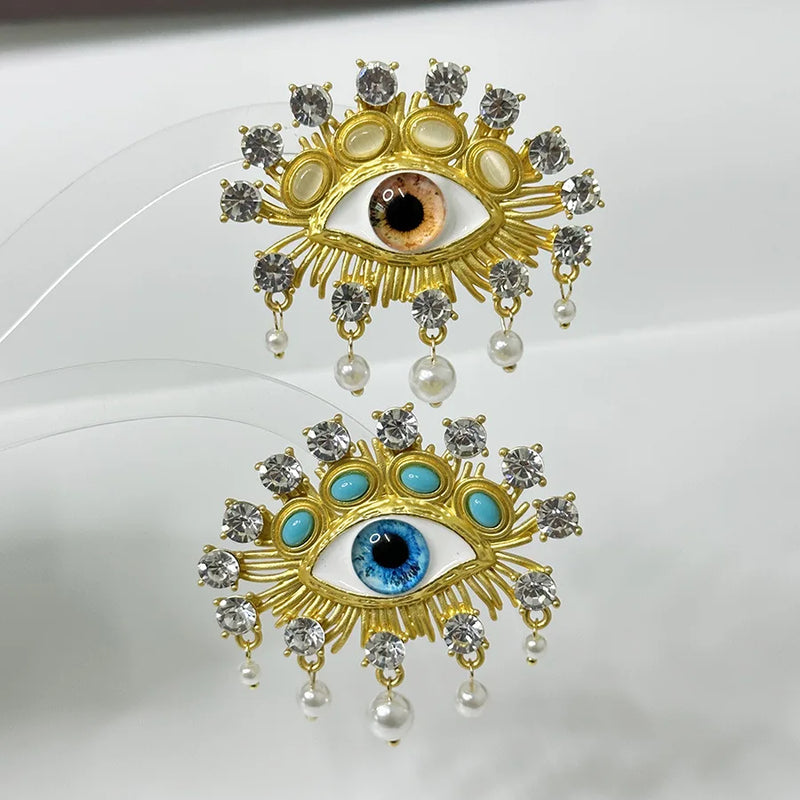 Retro Asymmetrical Contrasting Color Eye Sparkling Crystal Pearl Earrings Design Earring for Women