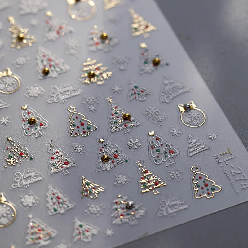 1Pcs Luxury Gold Christmas Nail Decorations Stickers Press on Nails 5D Laser Snowflake Christmas Tree Nail Art Sticker Decal DIY