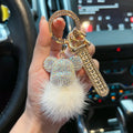 Luxury Handmade Craft Bear Keychain Mink Hair Anti-lost Number Plate Rhinestones Key Chain Lady Charm Bag Car Key Chain Gift