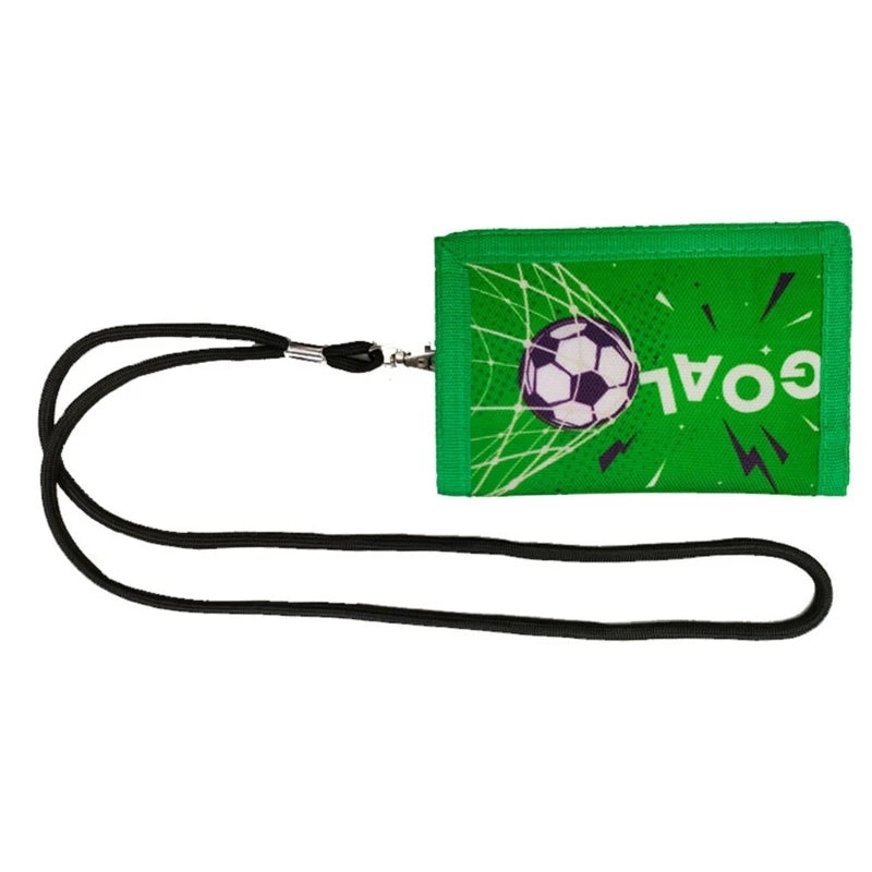 Kids Wallet for Boy Sports Football Soccer Pattern Trifold Wallet wtih Lanyard Zippered Coin Pocket and Card Holder