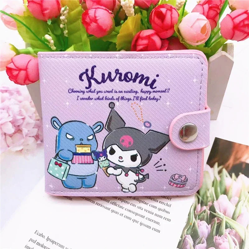 Women Anime Hello Kitty Small Short Wallet for Girls Pink Bag Kuromi Cinnamoroll Kawaii Coin Purse with Buttons Folding Wallets