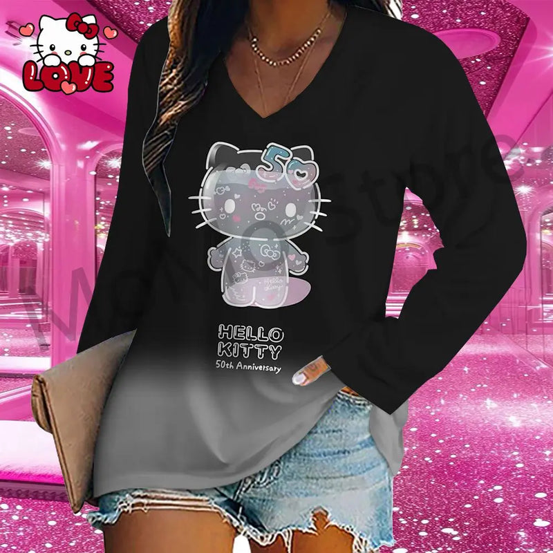 Hello Kitty Women's Long Sleeve T-shirts V Neck Kawaii Clothes 2024 3D Print New Lovely S-3XL Y2k Fashion High Quality Leisure
