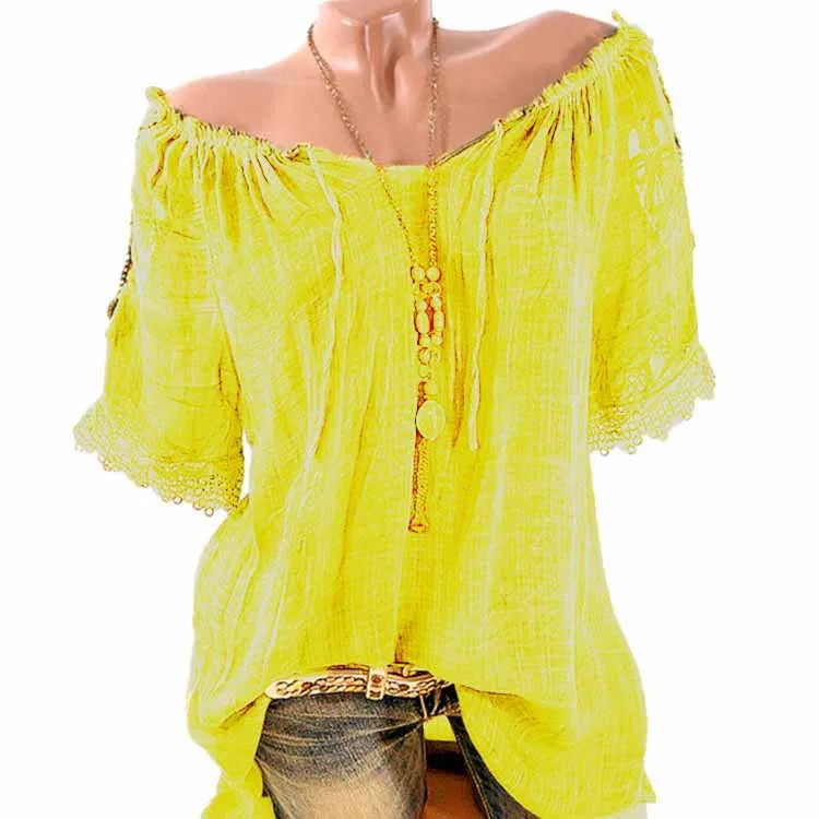 Sexy V Neck Lace Patchwork Loose T-shirts Summer Female See Through Sand Beachwear Tee Shirt Tops ARJ-05