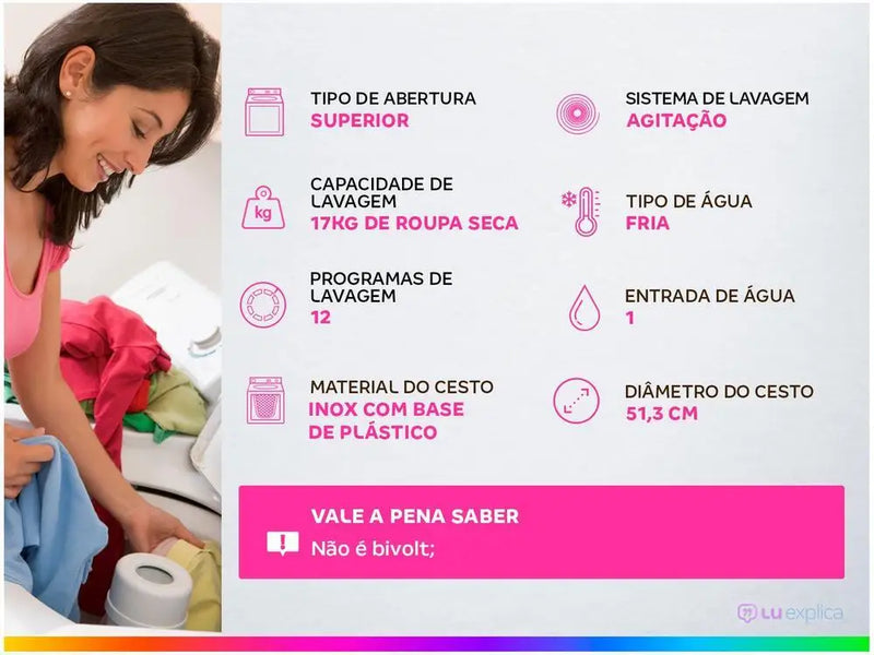 Brastemp 17kg Washing Machine Inox Basket 12 White Washing Programs BWK17 - 110V