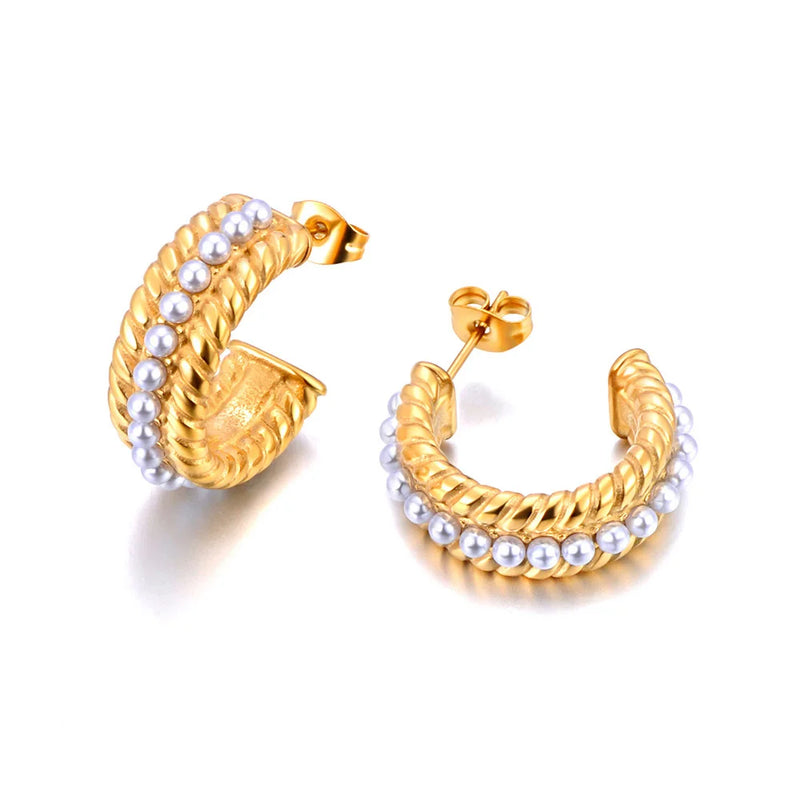 Lokaer New Elegant Imitation Pearls Stainless Steel 18K Plated Round Huggie Hoop Earrings Golden Charm Jewelry For Women E24072