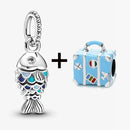 2Pcs/Lot Crystal Blue Scaled Fish Bead With Pendant Fit DIY Brand Charm Bracelet  For Women's Summer Jewelry To Making Gift