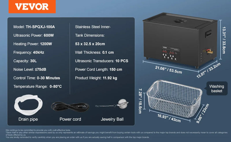 Limpiador ultrasónico VEVOR 2/3/6/10/15/30L 300W 40kHz digital con temporizador y calentador, con cesta para piezas de armas y balas.
