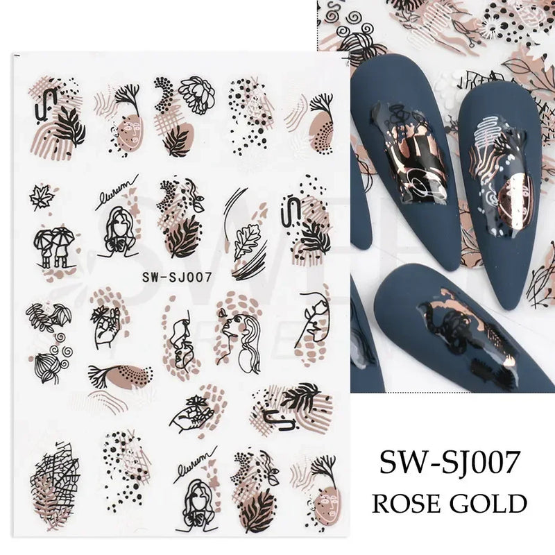 3D Snake Laser Stickers for Manicure Black Gold Abstract Leaves Luxury Nail Art Adhesive Slider Polish Decor Decals SASW-SJ