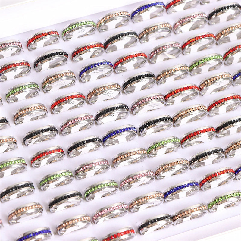 10Pcs/Lot Fashion Classic Rhinestone Stainless Steel Rings For Women Simple Shiny Colorful Finger Jewelry Wedding Party Gifts
