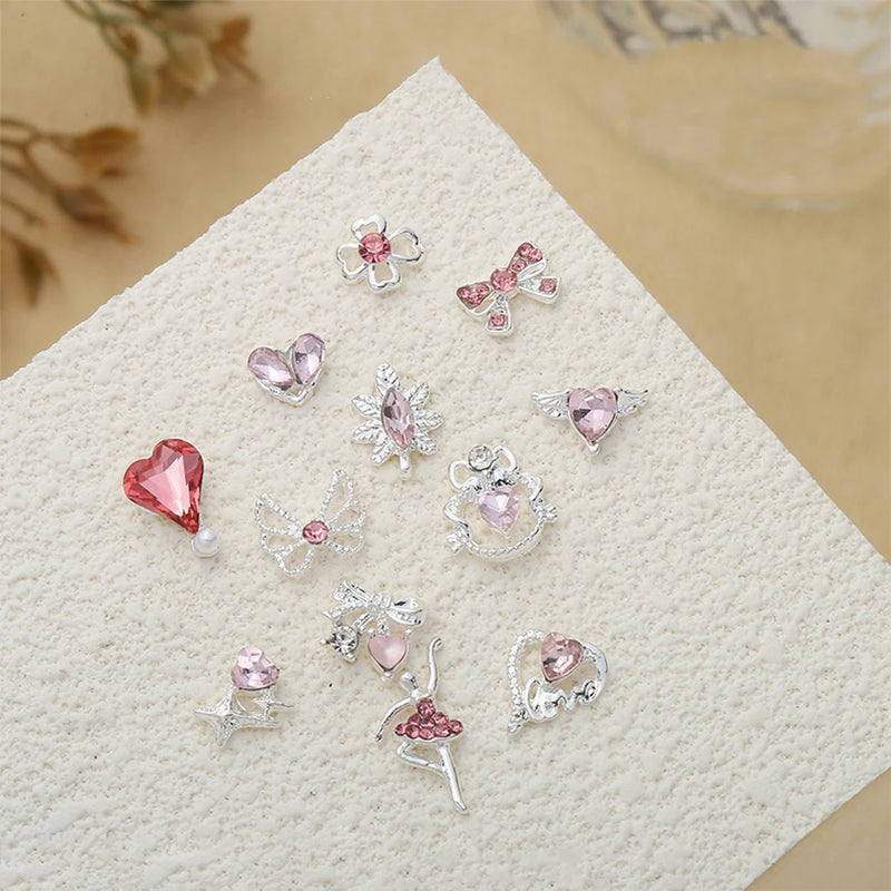 10Pcs Pink Metal Gem Zircon Nail Art Charm 3D Luxurious Heart Ribbon Cross Starlight Nail Decoration DIY Zircon Nail Accessories