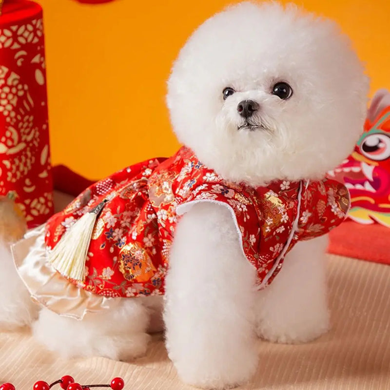Practical Chinese Style New Year Pet Dress Plush Creative Pet Princess Skirt 4 Size Wind Resist Dog New Year Costume Keep Warm